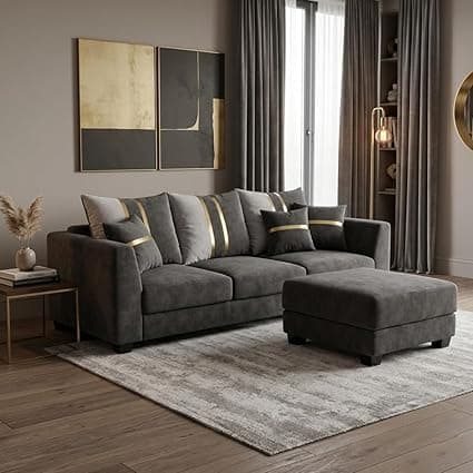Vero Plush Comfort Sofa Set | 3 Seater with Ottoman | Luxury Velvet Suede Fabric | Modern Living Room Sofa | Dark Gray