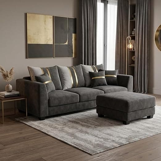 Vero Plush Comfort Sofa Set | 3 Seater with Ottoman | Luxury Velvet Suede Fabric | Modern Living Room Sofa | Dark Gray