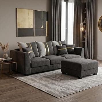 Vero Plush Comfort Sofa Set | 3 Seater with Ottoman | Luxury Velvet Suede Fabric | Modern Living Room Sofa | Dark Gray