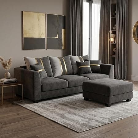 Vero Plush Comfort Sofa Set | 3 Seater with Ottoman | Luxury Velvet Suede Fabric | Modern Living Room Sofa | Dark Gray