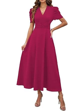 Shasmi Girl's & Women's Solid Color V-Neck A-Line Maxi Dress for Women | New Year Party Outfit | Waist Cinched Puff Sleeve Western | Elegant Casual Wear (Dress 246)