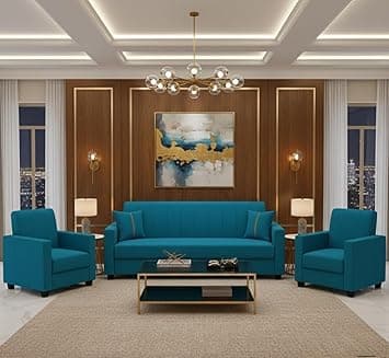 FURNY Cosmos 5 Seater Fabric 3+1+1 Sofa Set (Aqua Blue) Premium Velvet Finish | Durable Comfort | Ideal for Living Room