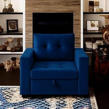 FURNY Tressa 1 Seater Fabric Pull-Out Sofa Cum Bed (Blue) | Premium Velvet Finish | Durable Comfort | Ideal for Living Room