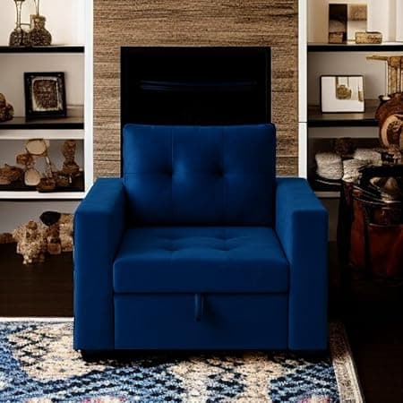 FURNY Tressa 1 Seater Fabric Pull-Out Sofa Cum Bed (Blue) | Premium Velvet Finish | Durable Comfort | Ideal for Living Room