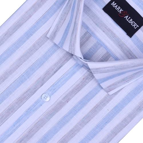 MARK & ALBERT Men's Half Sleeve Cotton Linen Striped Shirt Fawn 2