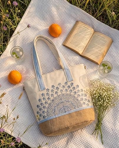 ABSTRACT INDIA Handcrafted Shoulder Tote Bag with Zipper Closure | Cotton Canvas Breathable fabric | Travel, Office, College & Daily Use Tote Bag for Women 5