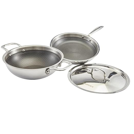 Zoraware Honeycomb Triply Kadai + Fry Pan Cookware Set with Lid (3 Pcs Set) | Silver | 24 cm Diameter