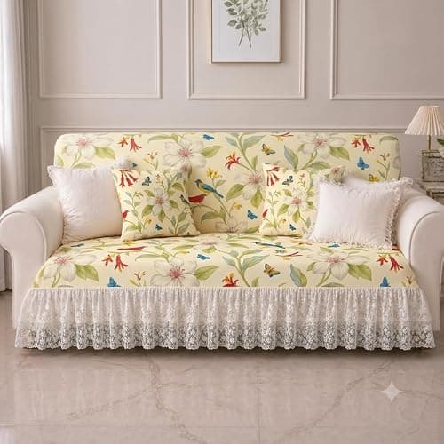 Bird Floral 7 Seater Waterproof Sofa Cover With Frill – 3+2+1+1 Anti-Slip French Coutry Sofa Throw |16-Piece Sofa Cover- 4 Seat, 4 Back & 8 Armrest Cover – 3 Seater, 2 Seater, 1 Seater |Sofa Throw