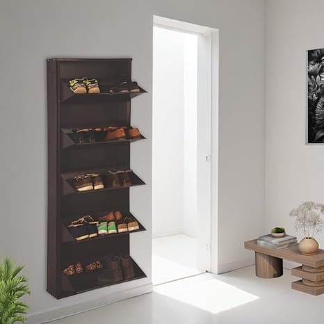 DELITE KOM 24" Wide, 10 Shelf Metal Shoe Rack Wall Mounted for Home with Central Lock | Holds Upto 30 Shoes or 50 Slippers Pair | Double Decker, 1 Yr Warranty, (67x24x8, Coffee), DIY, Space Saver