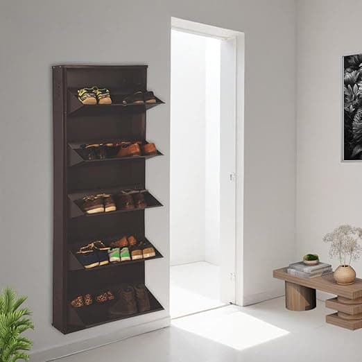 DELITE KOM 24" Wide, 10 Shelf Metal Shoe Rack Wall Mounted for Home with Central Lock | Holds Upto 30 Shoes or 50 Slippers Pair | Double Decker, 1 Yr Warranty, (67x24x8, Coffee), DIY, Space Saver