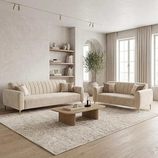 Habibi Rich Velvet Suede 3+2 Seater Sofa Set | Spacious Soft Touch Comfort Seating | 5 Person Seating | Modern Living Room Sofa Set (Cream)