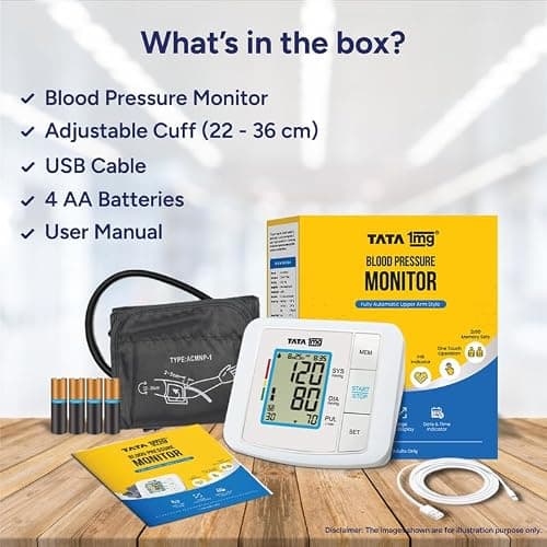 1MG Tata Arm Blood Pressure Monitor | Fully Automatic Portable Digital BP Machine For Home | Large LCD Display | Powered With USB Cable Or AA Batteries | Stores 90 Sets Of Memory For 2 Users, White 5