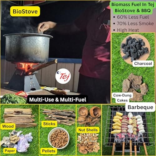 Tej Portable SmokeLess Wood Stove & Barbeque Grill | Quick Start Speedy Fire |Easy Cooking + BBQ at Home, Balcony Outdoor Camping | No Gas/Blower | MultiUse Eco-Friendly Chulha & Coal Sigdi | MS Blk 4