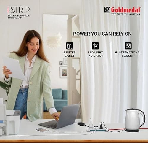 Goldmedal i-Strip High-Grade Extension Board | 6 Universal Sockets | 2-Meter Extension Cord with Surge Protector | Master Switch & LED Indicator | Multi Plug Socket for Home & Office | (White) 5