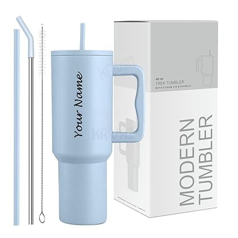 Stainless Steel Insulated Tumbler with Lid & Straw, 100% Leakproof Double Wall Tumblers with Handle, Hot & Cold Drink Sipper for Office,Gym & Outdoors 1200ml Tumbler (Blue Personalized)