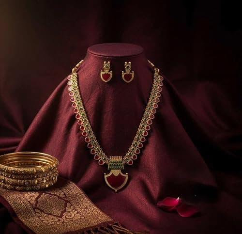 TEMU INDIA Traditional Temple Jewellery Necklace Set with Ruby & Green Stone Detailing – Ethnic Gold Plated Bridal Necklace Set for Women | Wedding & Festive 4