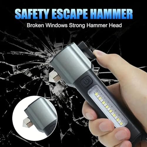 FLYNGO 3 in 1 Multifunction LED Torch Light Rechargeable, Rescue Emergency Flashlight with Car Seat Belt Cutter & Glass Breaker, Bright Zoomable Torch Light for Trekking, Camping (Black) 4