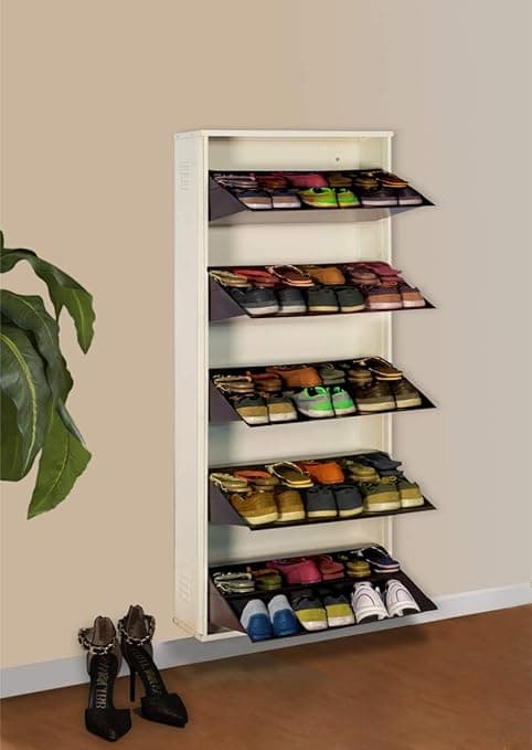 DELITE KOM 24" Wide, 10 Shelf Metal Shoe Rack Wall Mounted for Home with Central Lock Holds Upto 30 Shoes or 50 Slippers Pair | Double Decker, 1 Yr Warranty, (67x24x8, Ivory_Coffee), DIY, Space Saver