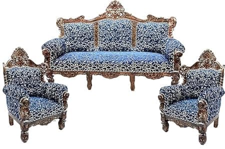 Luxury Antique Sofa Set in a Classic Living Room Setting Solid Teak Wooden Five Seater Sofa Set with Cushion for Living Room | Honey Brown Finish | 208D x 76W x 119H cm (Design12)