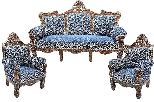 Luxury Antique Sofa Set in a Classic Living Room Setting Solid Teak Wooden Five Seater Sofa Set with Cushion for Living Room | Honey Brown Finish | 208D x 76W x 119H cm (Design12)