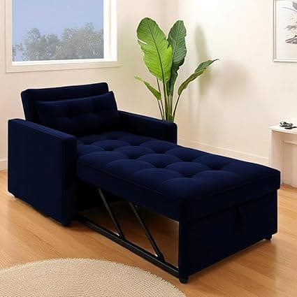 FURNY Tressa 1 Seater Fabric Pull-Out Sofa Cum Bed (Dark Blue) - Premium Velvet Finish - Durable Comfort - Ideal for Living Room
