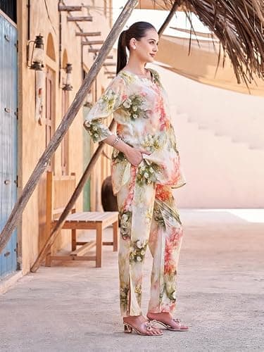 TITTLI Rayon Fabric All Over Printed Round Neck Tunic & Trouser Co-Ord Set for Women | Three-Quarter Sleeves & Elastic Waist Bottom | Casual Wear | L, XL, XXL, 3XL | Co-Ord Set Yellow 4