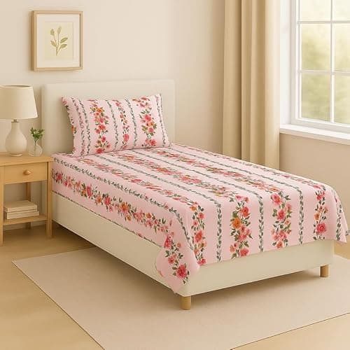 BSB HOME Flat Bedsheet for Single Bed with 1 Pillow Cover | Soft Touch Cotton | Comfortable & Durable | Size 90 x 60 Inch | Elegant Printed Bedding Set for Daily Use, Color - Pink Floral