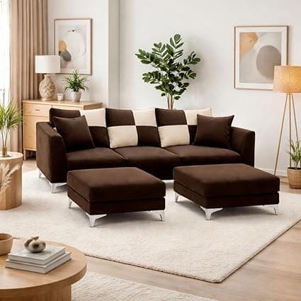 Romeo Rich Velvet Suede 3 Seater Sofa Set with 2 Ottomans | Golden Aesthetic Legs | Spacious Soft Touch Comfort Seating | Modern Sofa for Living Room (Dark Brown)