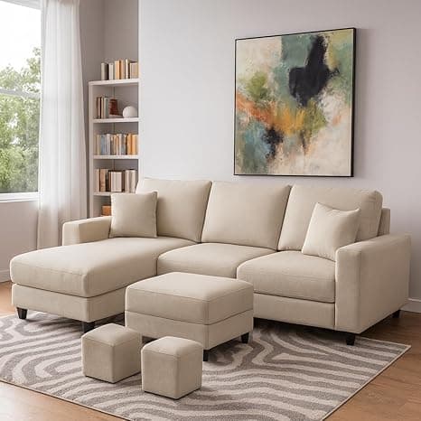 Casaliving Rolando RHS 4 Seater L Shape Sofa with 2 Puffy Set for Living Room | Sofa Set for Living Room (4S Left Hand Side - Ottoman, Cream Premium Fabric)