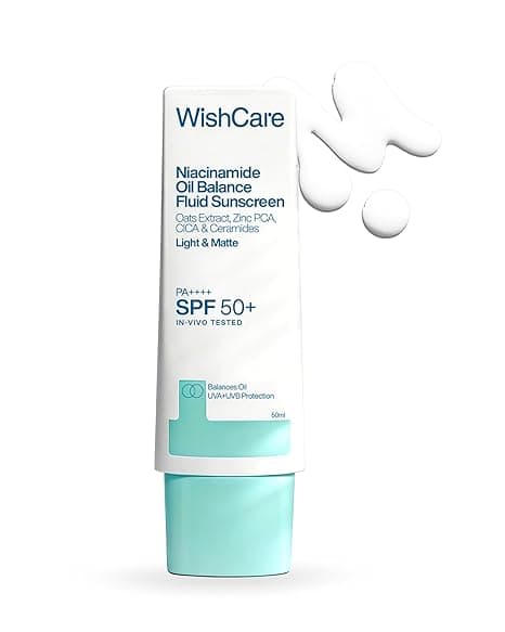WishCare Niacinamide Oil Balance Fluid Sunscreen SPF 50 PA++++ In-Vivo Tested | 8Hrs+ SPF Protection | Lightweight, Matte & No White Cast | Photostable Sunscreen SPF 50 For Oily Skin, Sensitive, Dry & Combination Skin | For Women & Men | 50 ml