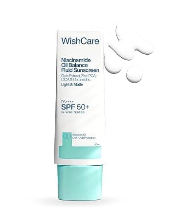 WishCare Niacinamide Oil Balance Fluid Sunscreen SPF 50 PA++++ In-Vivo Tested | 8Hrs+ SPF Protection | Lightweight, Matte & No White Cast | Photostable Sunscreen SPF 50 For Oily Skin, Sensitive, Dry & Combination Skin | For Women & Men | 50 ml