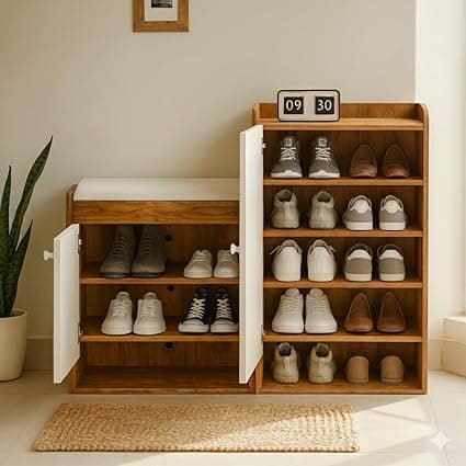 Callas Shoe Rack Storage Bench, Holds 15 Pairs, 8-Tier Rack with Cushion Seat and Closed Cabinet | 1 Year Warranty with Free Installation (Brown, SR-19)