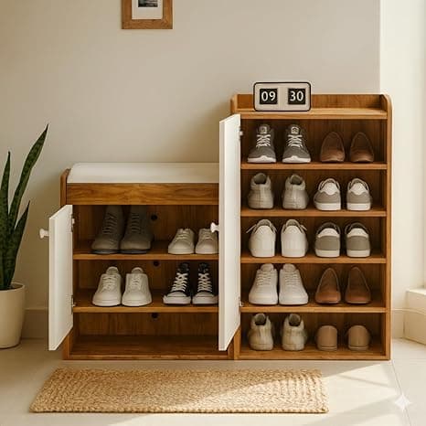 Callas Shoe Rack Storage Bench, Holds 15 Pairs, 8-Tier Rack with Cushion Seat and Closed Cabinet | 1 Year Warranty with Free Installation (Brown, SR-19)