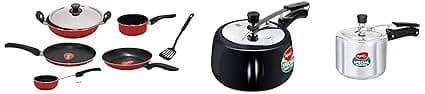 Pigeon Favourite 7 Piece Gift Set Non-Stick Coated, Stovekraft 3L Inner Lid Non-Induction Base Pressure Cooker (Silver) & Stovekraft 3L Inner Lid Induction Base Pressure Cooker (Black)