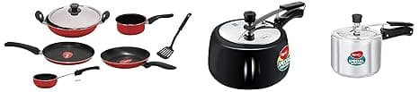 Pigeon Favourite 7 Piece Gift Set Non-Stick Coated, Stovekraft 3L Inner Lid Non-Induction Base Pressure Cooker (Silver) & Stovekraft 3L Inner Lid Induction Base Pressure Cooker (Black)