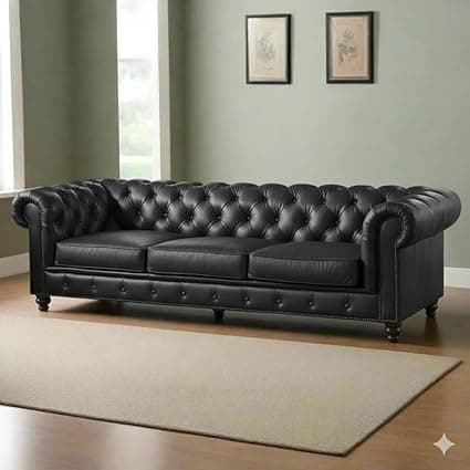 Classic Leatherette Chester Sofa Set Button Tufted, Classic Style Sofa Set 3-Person Sofa for Living Room, Office, and Hallway Colour (Black Leatherette, 3 Seater Sofa)