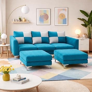 Romeo Rich Velvet Suede 3 Seater Sofa Set with 2 Ottomans | Golden Aesthetic Legs | Spacious Soft Touch Comfort Seating | Modern Sofa for Living Room (Aqua Blue)