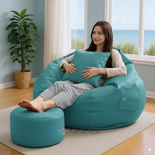 4XL Bean Bag Chair with Footrest & Cushion | Pre-Filled Beans | PVC Leatherette Lounger Sofa | Indoor & Outdoor Bean Bag with Pocket & Handle | Double Stitching | 6 Months Warranty Color- (Aqua)