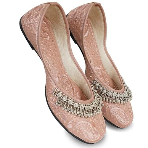 DFR Women Ethnic Rajasthani Embroidery with Payal Punjabi Mojari's Shoe Juti Jutti’s, Color - Pink, UK Size - 9 3
