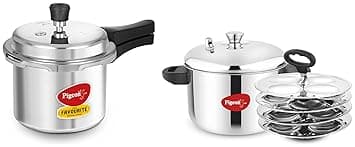 Pigeon Stainless Steel Idly Maker 4 Plates Compatible with Induction and Gas Stove & Pigeon By Stovekraft Favourite Induction Base Aluminium Pressure Cooker with Outer Lid, 3 Litres (Silver)