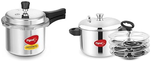 Pigeon Stainless Steel Idly Maker 4 Plates Compatible with Induction and Gas Stove & Pigeon By Stovekraft Favourite Induction Base Aluminium Pressure Cooker with Outer Lid, 3 Litres (Silver)