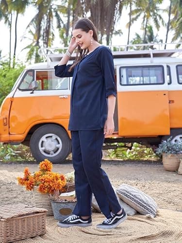 TITTLI Women Cotton Flex Plain Kurta and Pant Dark Rani Color Co-Ord Set (Navy Blue, XXL) 4