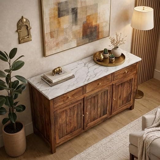 Solid Wood Madrid 3 Door Sideboard Cabinet | Sintered Stone Top Sideboard for Living Room | Finish- Dark Teak