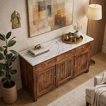 Solid Wood Madrid 3 Door Sideboard Cabinet | Sintered Stone Top Sideboard for Living Room | Finish- Dark Teak