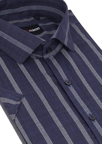 MARK & ALBERT Men's Half Sleeve Cotton Linen Striped Shirt Ink Blue 3