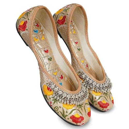 DFR Women Ethnic Rajasthani Embroidery with Payal Punjabi Mojari's Juti Shoe Jutti’s, Color - Multi, UK Size - 6.5 3
