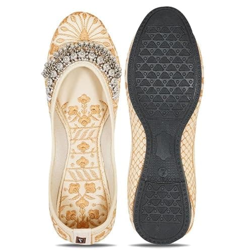 DFR Women Ethnic Rajasthani Embroidery with Payal Punjabi Mojari's Shoe Juti Jutti’s, Color - DarkCream1, UK Size - 8 4