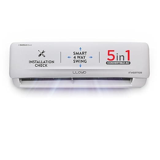 Lloyd 1 Ton 3 Star Inverter Split AC (5 in 1 Convertible, Cools Up To 52°C, Smart 4 Way Air Swing, Turbo Cool, Installation Check, 100% Copper, White with Silver Deco Strip, GLS12I3FWSEA)