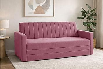 Sofa-Cum-Bed | Three-Seater Convertible Couch Armrest | Modern Fabric Sofa for Living Room, Bedroom & Office-Rose Pink