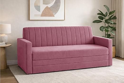 Sofa-Cum-Bed | Three-Seater Convertible Couch Armrest | Modern Fabric Sofa for Living Room, Bedroom & Office-Rose Pink